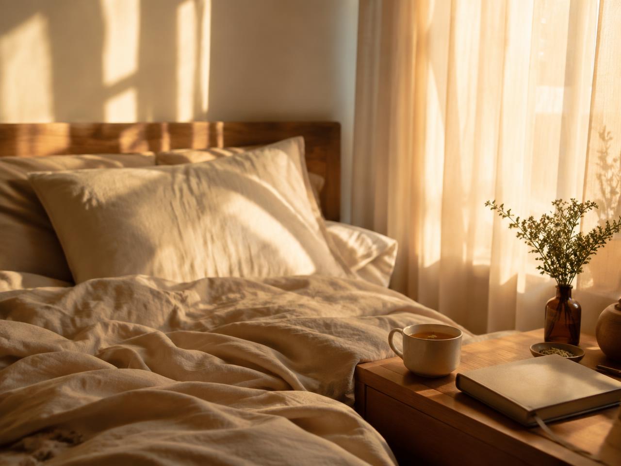 Rustige slaapkamer in warm ochtendlicht met een journal en kruidenthee